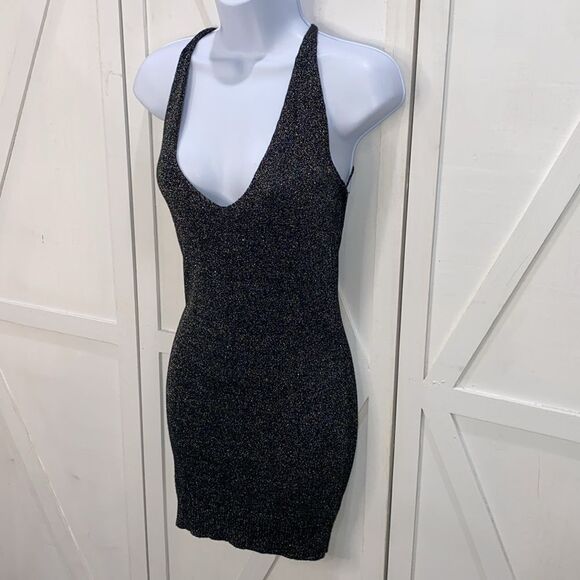WYLDR Black With Silver Stitch Halter Strap Cross Back Mini Dress Size S/M - Picture 5 of 11